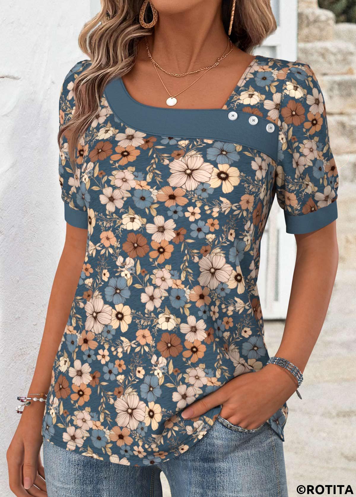 Multi Color tops,Floral tops,Plants tops,ROTITA Floral Print Multi Color Asymmetrical Neck T Shirt