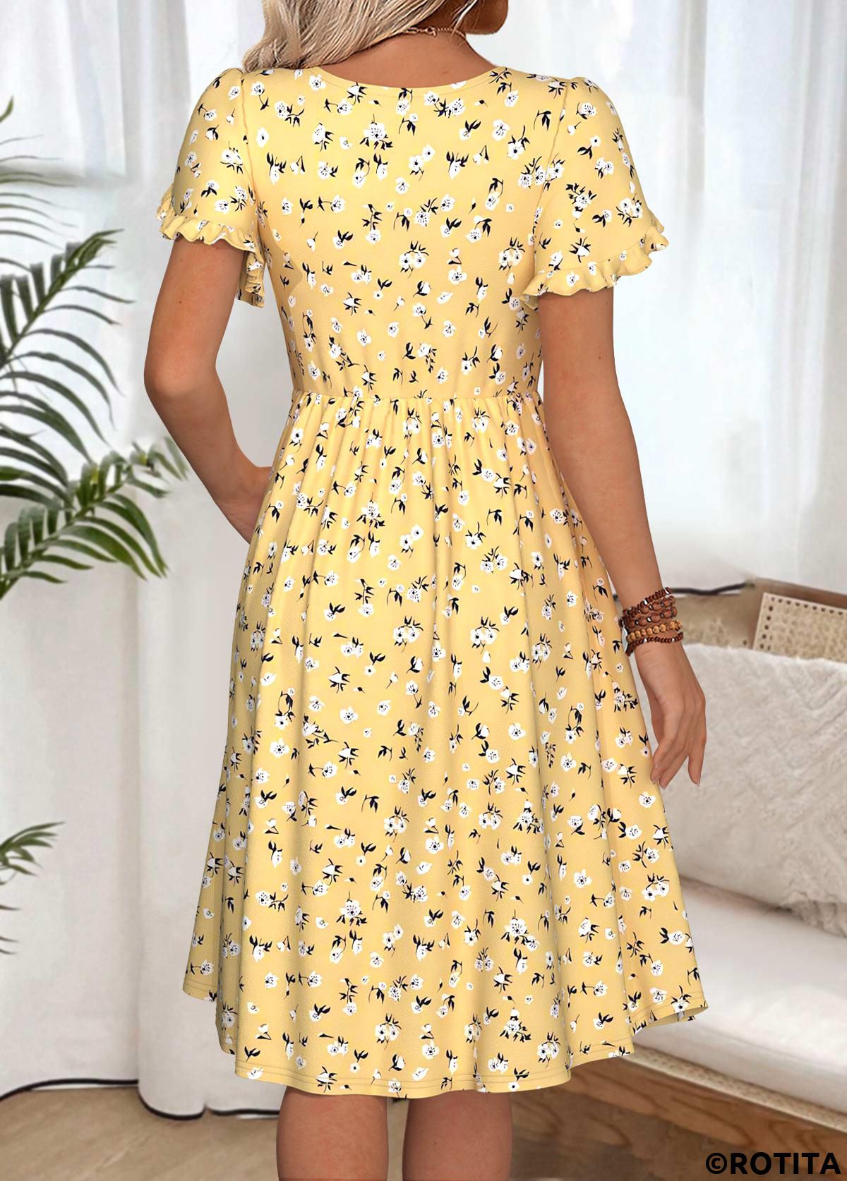 Yellow dresses,Ditsy Floral dresses,Everyday dresses,Casual dresses,ROTITA Ditsy Floral Print Yellow Boat Neck Short Sleeve Dress