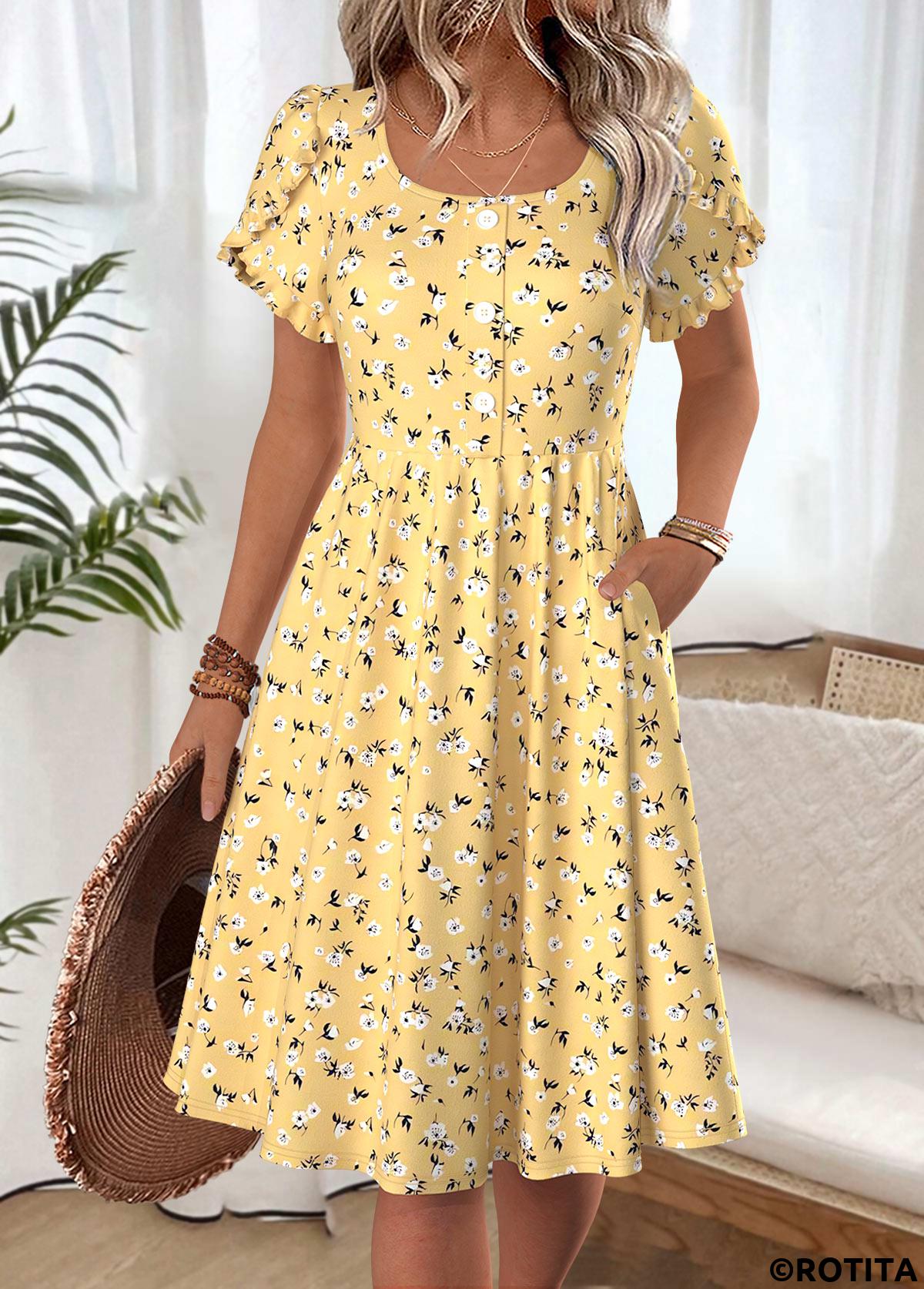 Yellow dresses,Ditsy Floral dresses,Everyday dresses,Casual dresses,ROTITA Ditsy Floral Print Yellow Boat Neck Short Sleeve Dress
