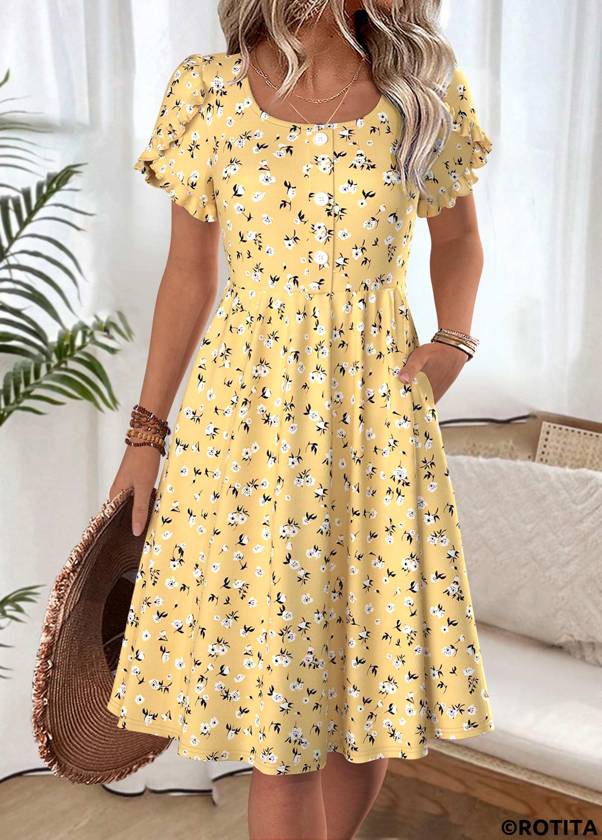Yellow dresses,Ditsy Floral dresses,Everyday dresses,Casual dresses,ROTITA Ditsy Floral Print Yellow Boat Neck Short Sleeve Dress