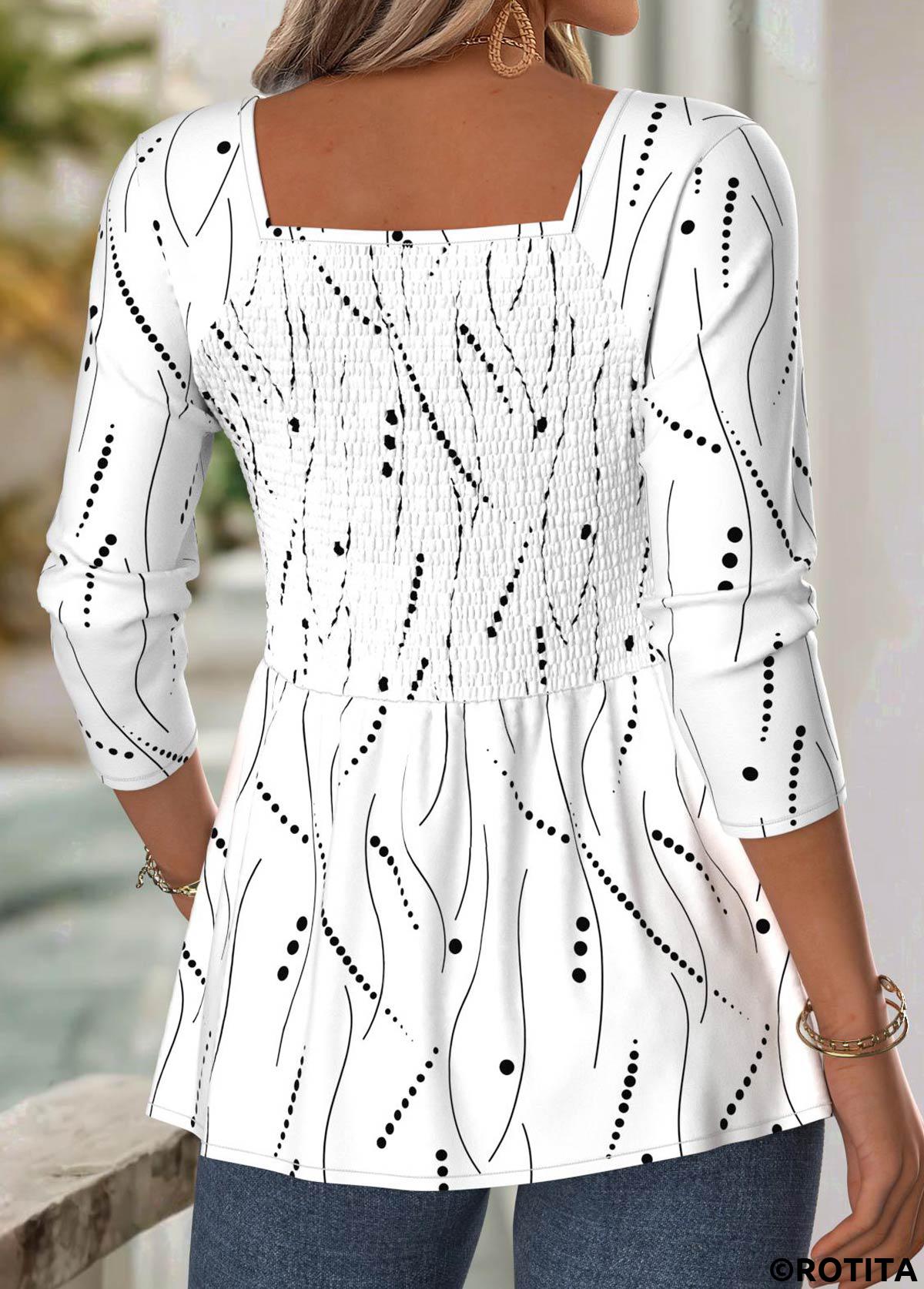 White tops,Geometric tops,ROTITA Geometric Print White Square Neck Long Sleeve Blouse