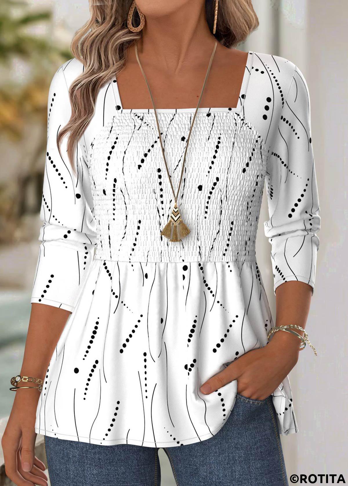White tops,Geometric tops,ROTITA Geometric Print White Square Neck Long Sleeve Blouse