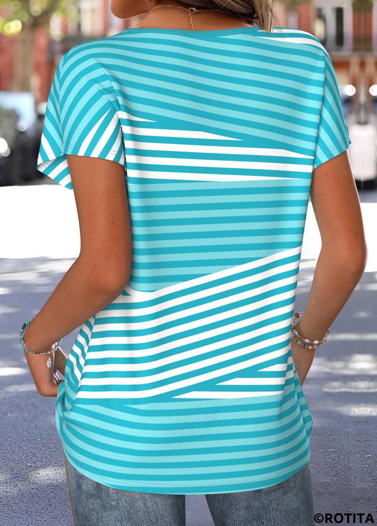 Cyan tops,Striped tops,Geometric tops,ROTITA Striped Cyan Round Neck Short Sleeve T Shirt