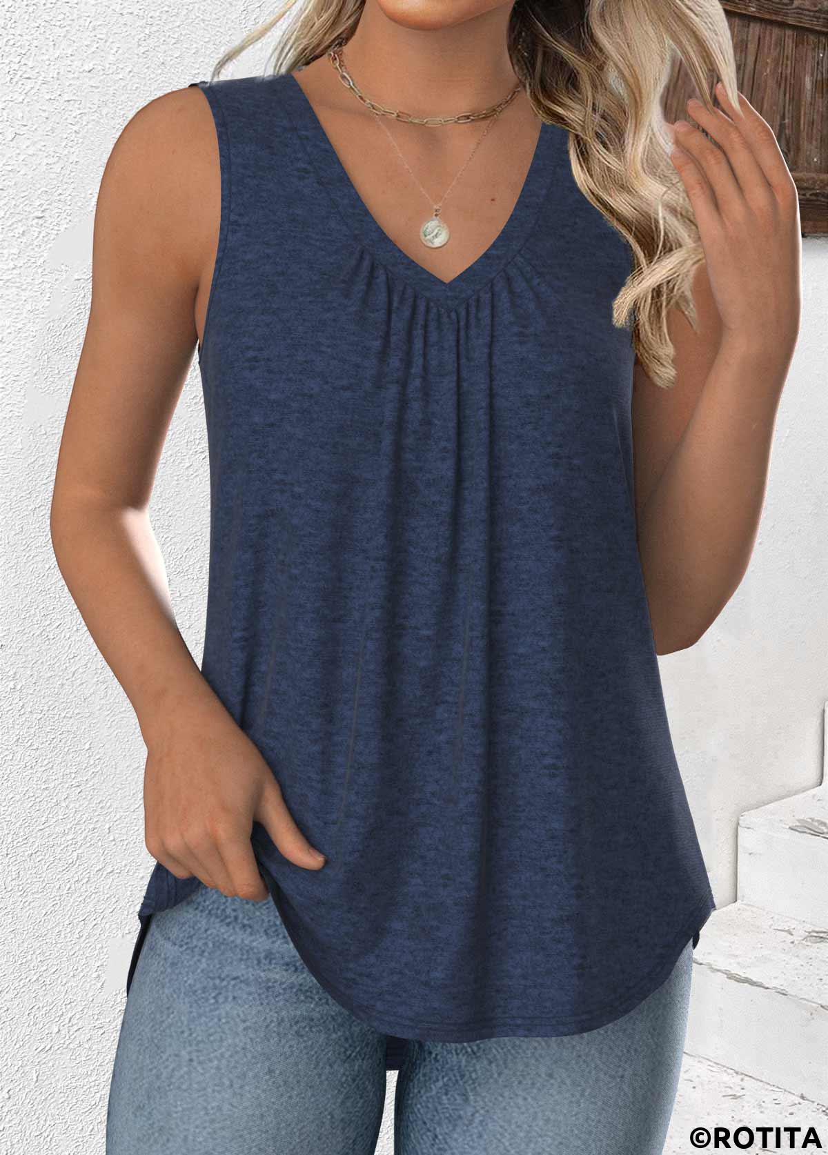 Navy tops,Plain Color tops,ROTITA Navy V Neck Sleeveless Tank Top