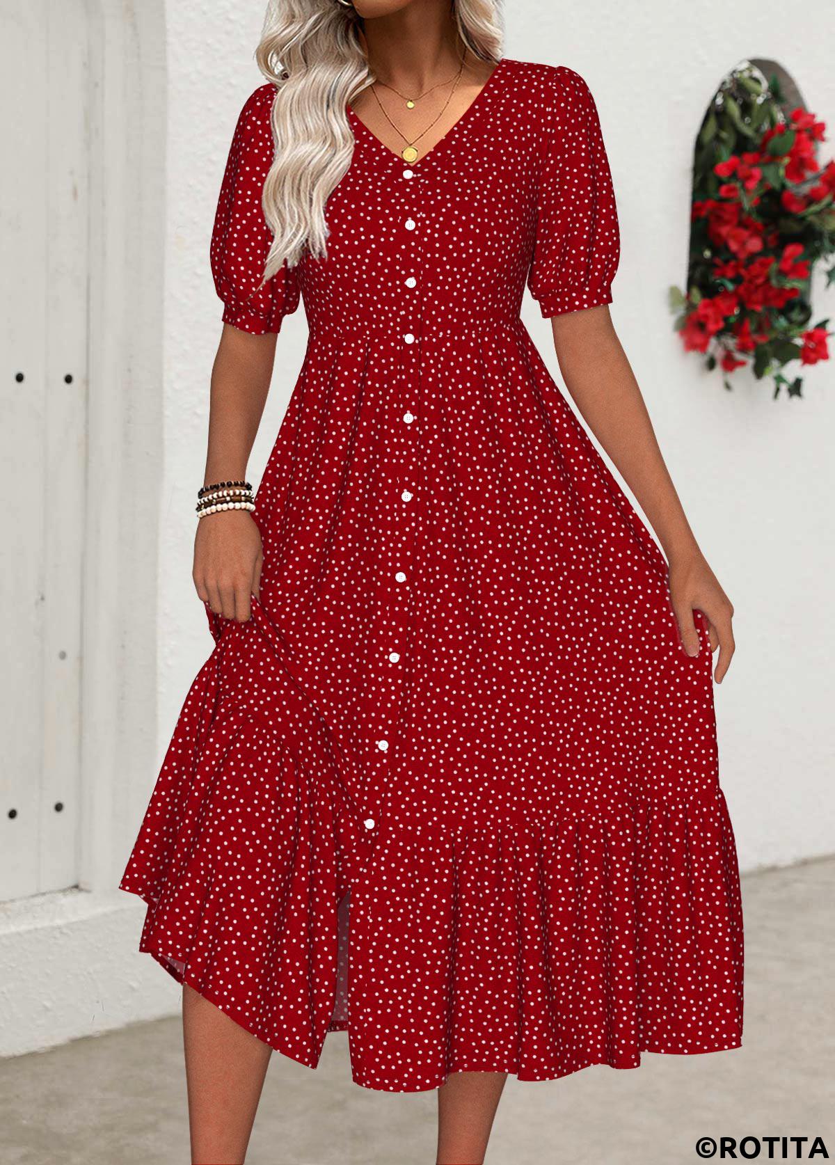 Red dresses,Dot dresses,Everyday dresses,Casual dresses,ROTITA Polka Dot Red V Neck Short Sleeve Dress