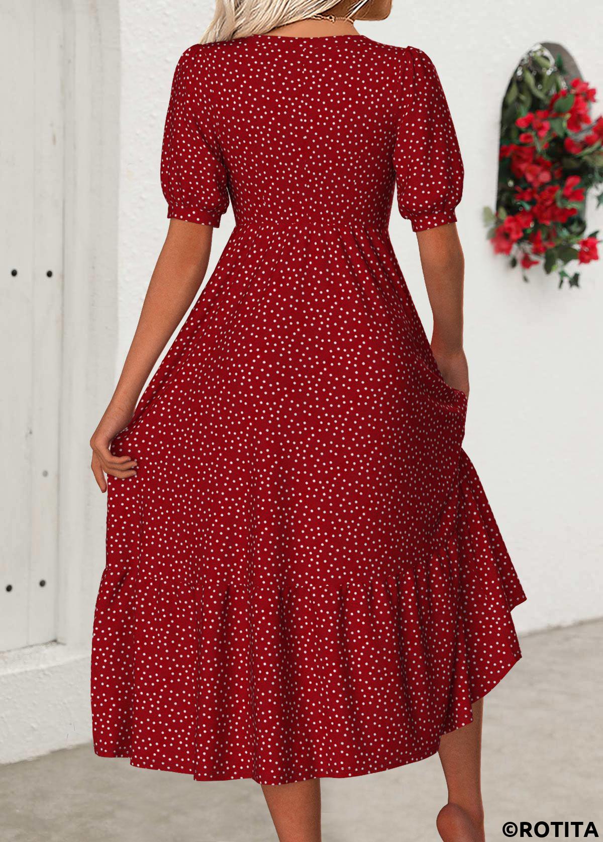 Red dresses,Dot dresses,Everyday dresses,Casual dresses,ROTITA Polka Dot Red V Neck Short Sleeve Dress
