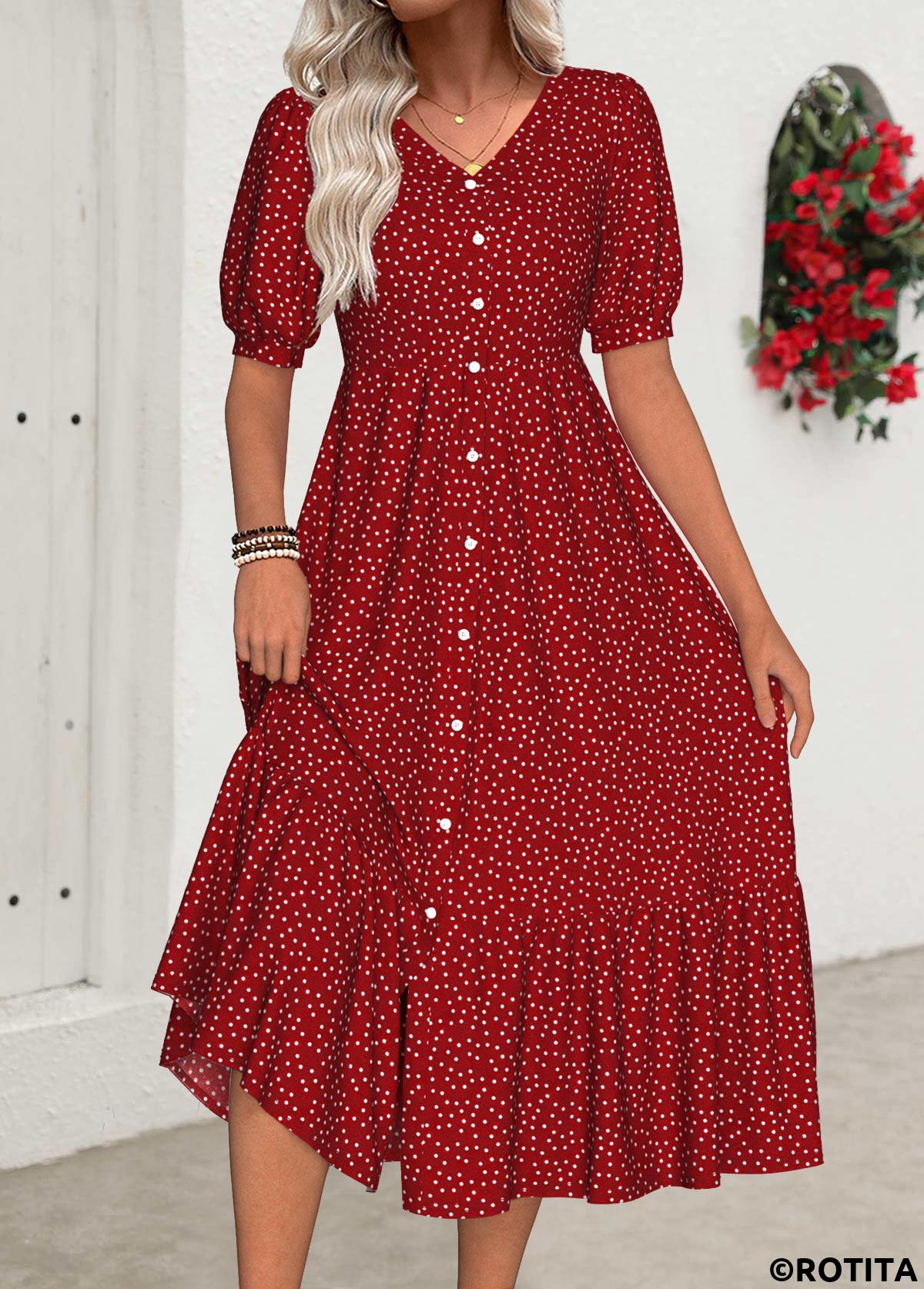 Red dresses,Dot dresses,Everyday dresses,Casual dresses,ROTITA Polka Dot Red V Neck Short Sleeve Dress