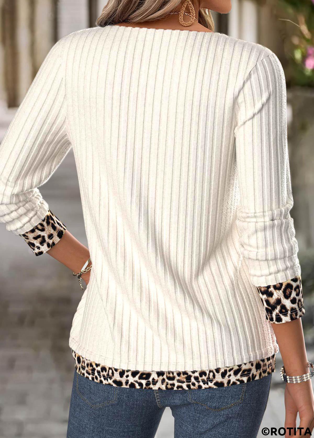 Beige tops,Leopard tops,Animal Print tops,ROTITA Leopard Beige V Neck Long Sleeve T Shirt