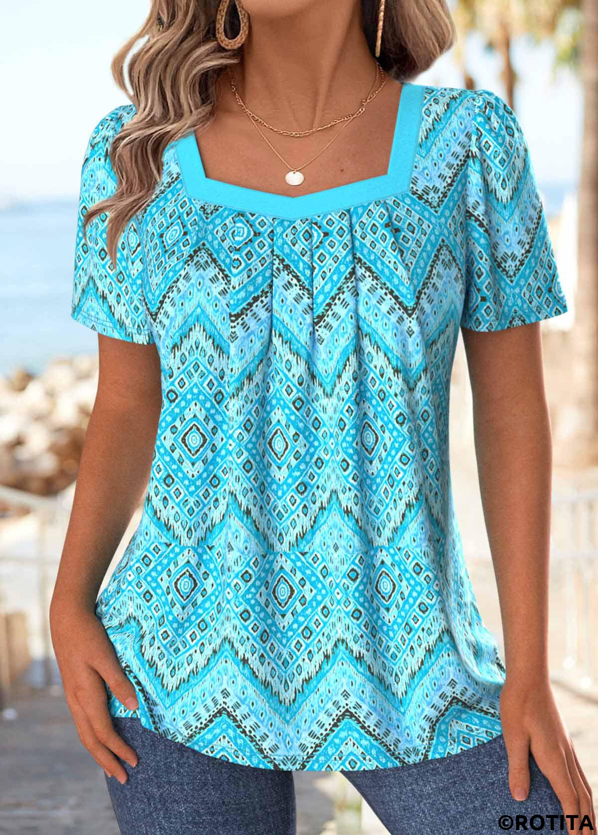 Cyan tops,Geometric tops,ROTITA Geometric Print Cyan Square Neck Short Sleeve T Shirt