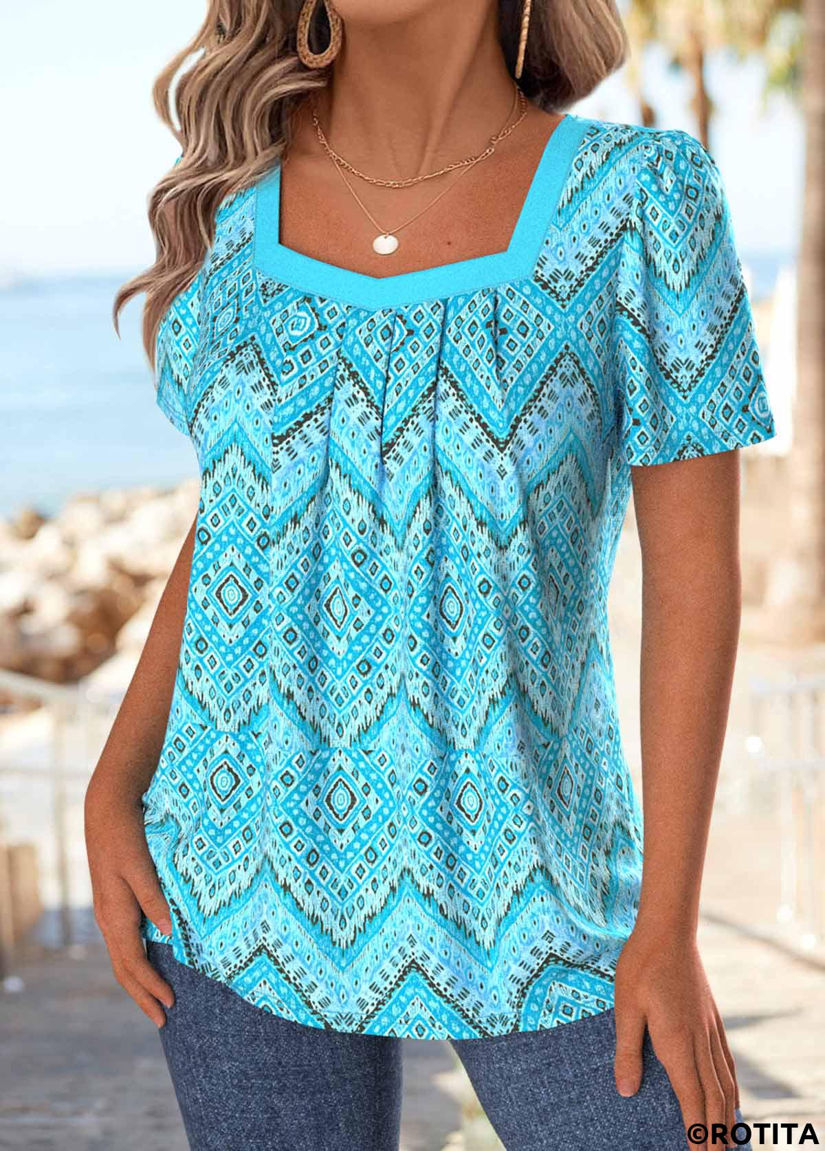 Cyan tops,Geometric tops,ROTITA Geometric Print Cyan Square Neck Short Sleeve T Shirt