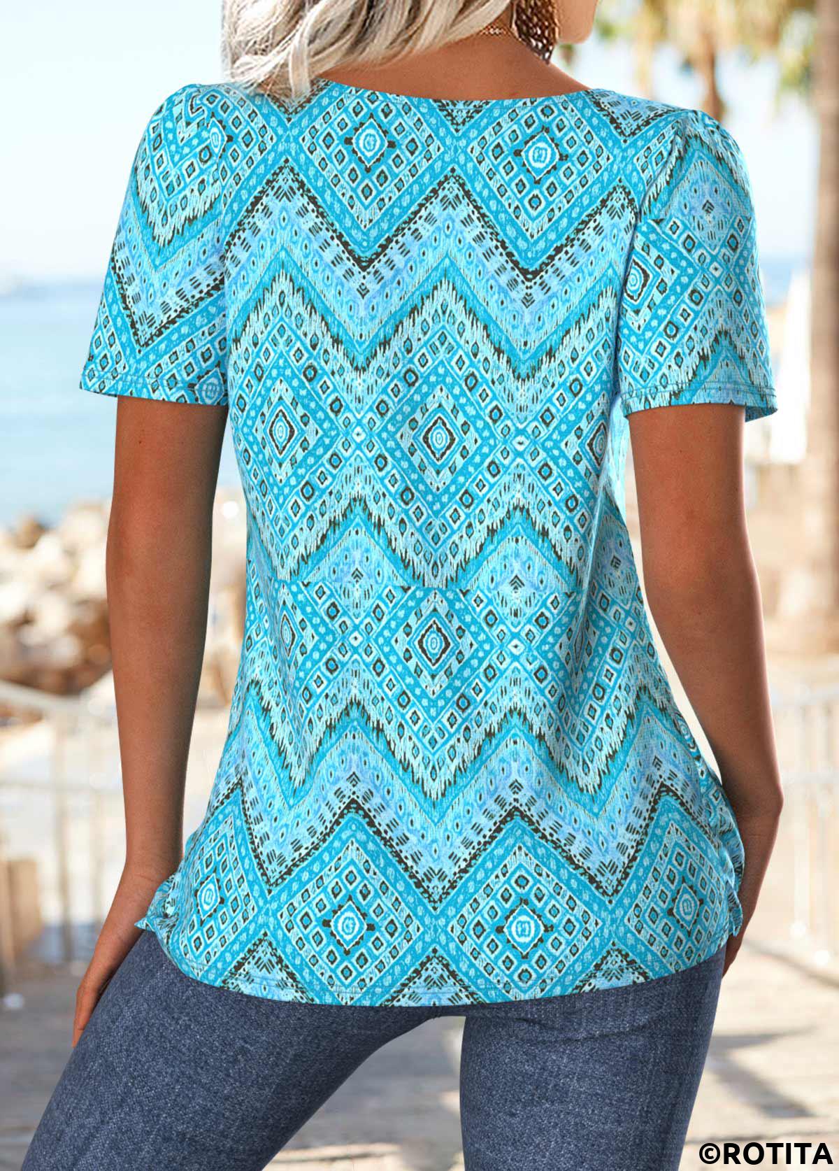 Cyan tops,Geometric tops,ROTITA Geometric Print Cyan Square Neck Short Sleeve T Shirt