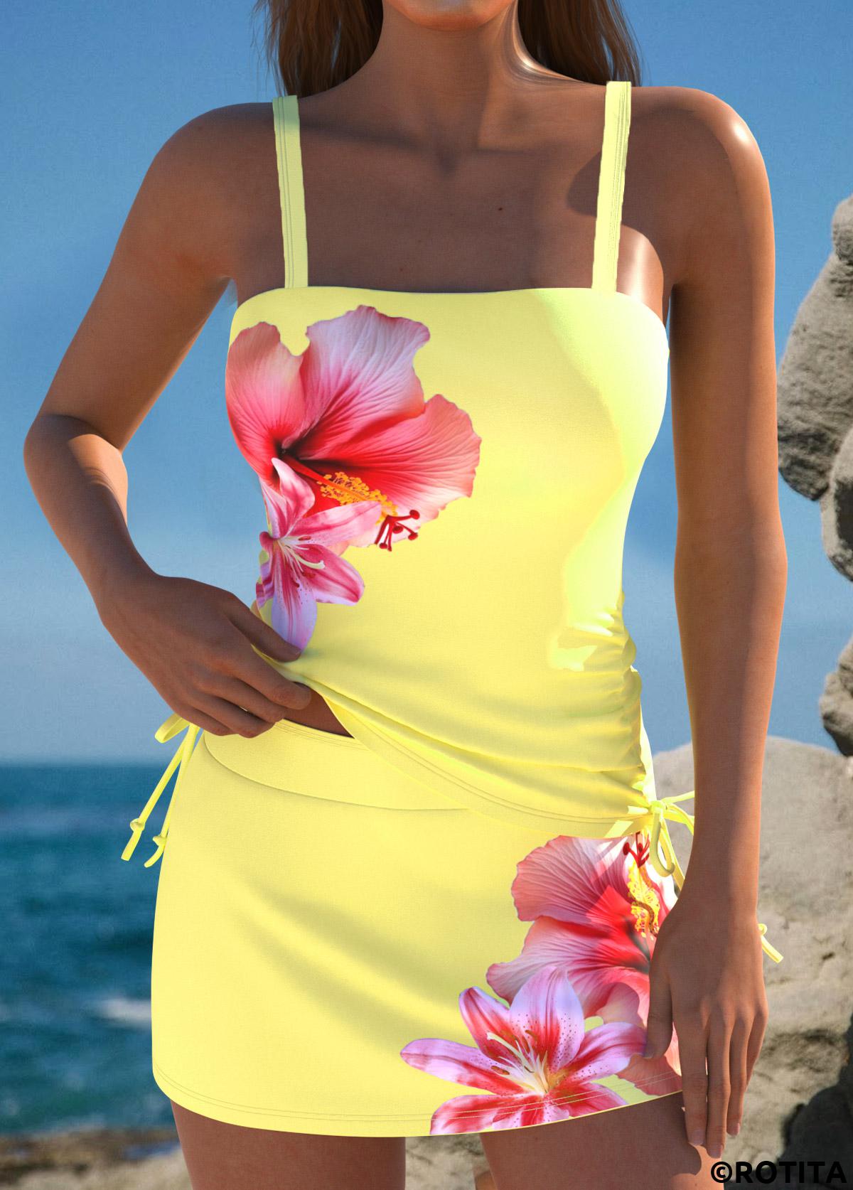 Yellow swimwear,Floral swimwear,Plants swimwear,ROTITA Yellow Floral Print Mid Waisted Tankini Set