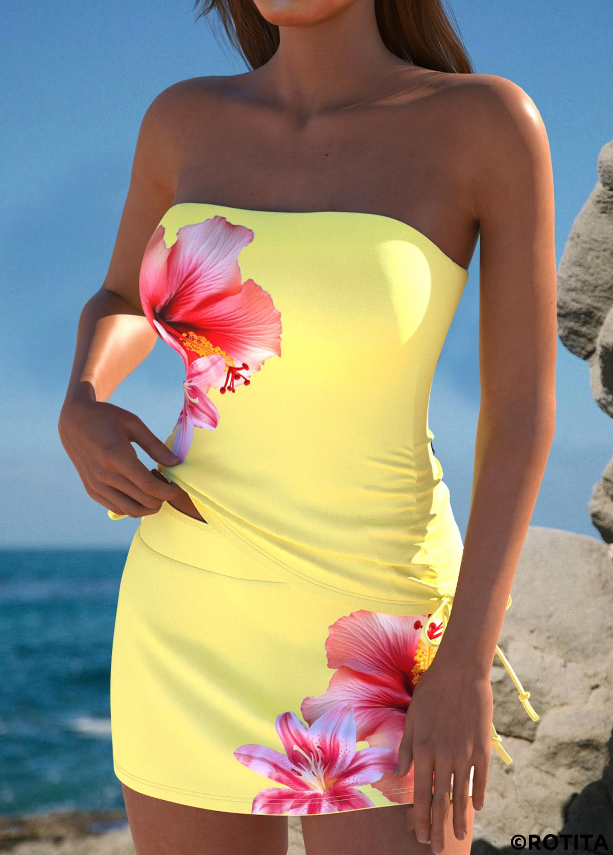 Yellow swimwear,Floral swimwear,Plants swimwear,ROTITA Yellow Floral Print Mid Waisted Tankini Set