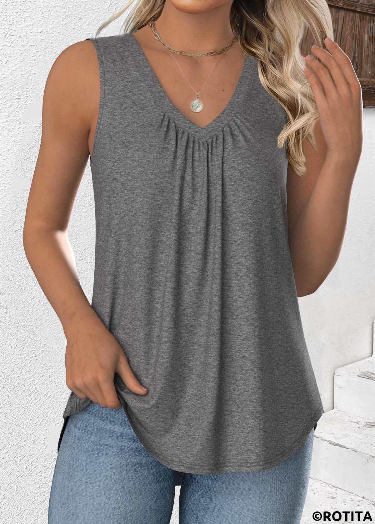 Grey plus size,Plain Color plus size,ROTITA Plus Size Grey V Neck Sleeveless Tank Top