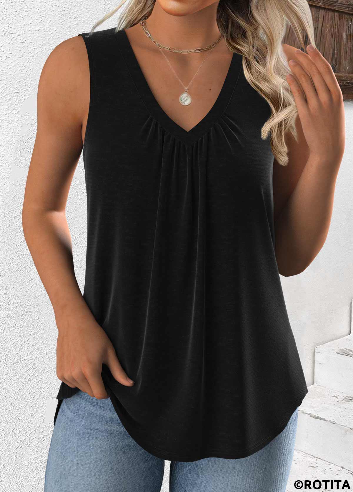 Black tops,Plain Color tops,ROTITA Black V Neck Sleeveless Tank Top