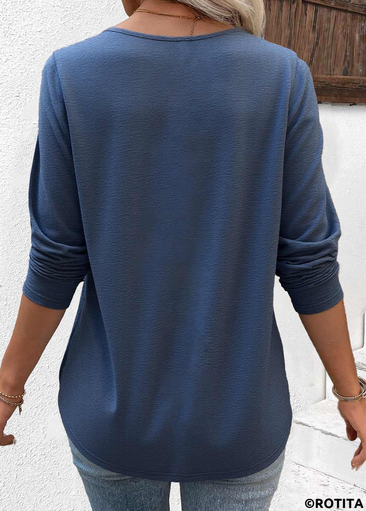 Blue tops,Plain Color tops,ROTITA Blue Round Neck Long Sleeve T Shirt