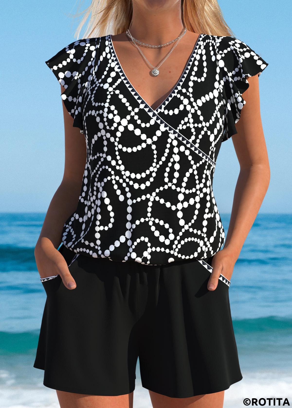 Black swimwear,Geometric swimwear,Dot swimwear,ROTITA Black Geometric Print One Piece Swimwear