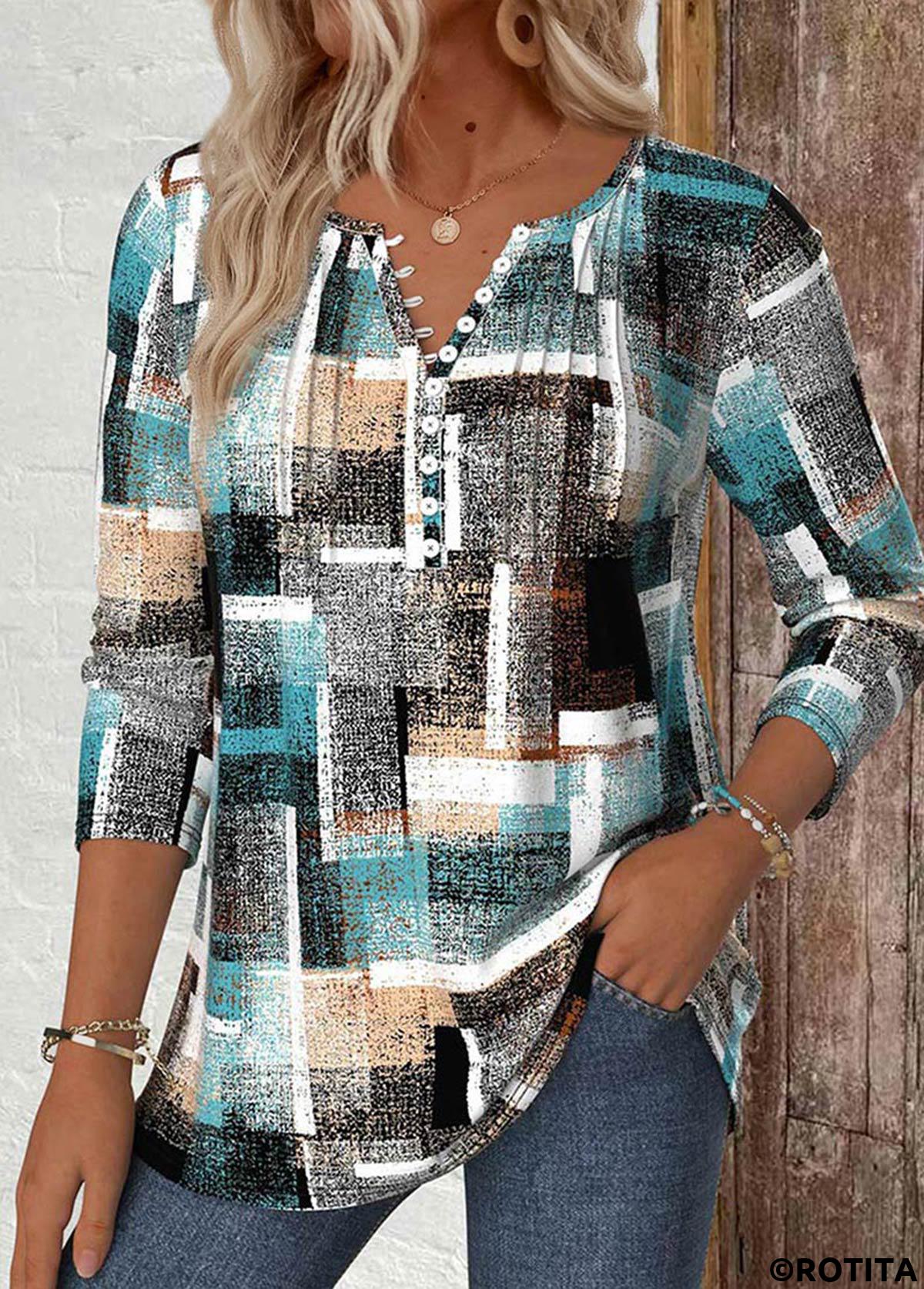 Multi Color tops,Geometric tops,ROTITA Geometric Print Multi Color Split Neck T Shirt