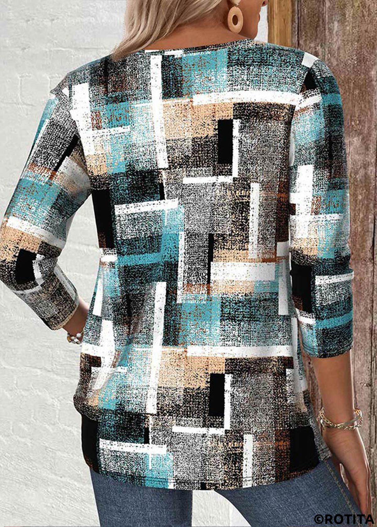Multi Color tops,Geometric tops,ROTITA Geometric Print Multi Color Split Neck T Shirt