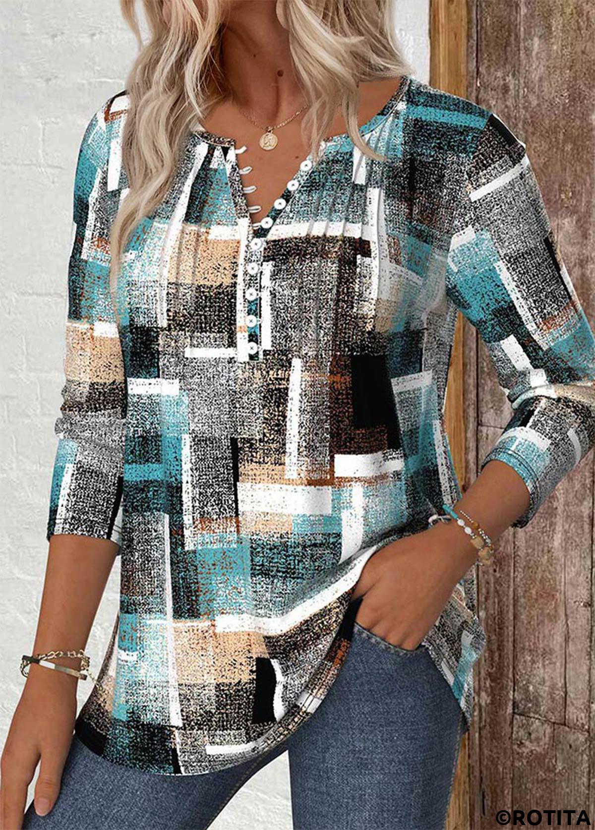Multi Color tops,Geometric tops,ROTITA Geometric Print Multi Color Split Neck T Shirt