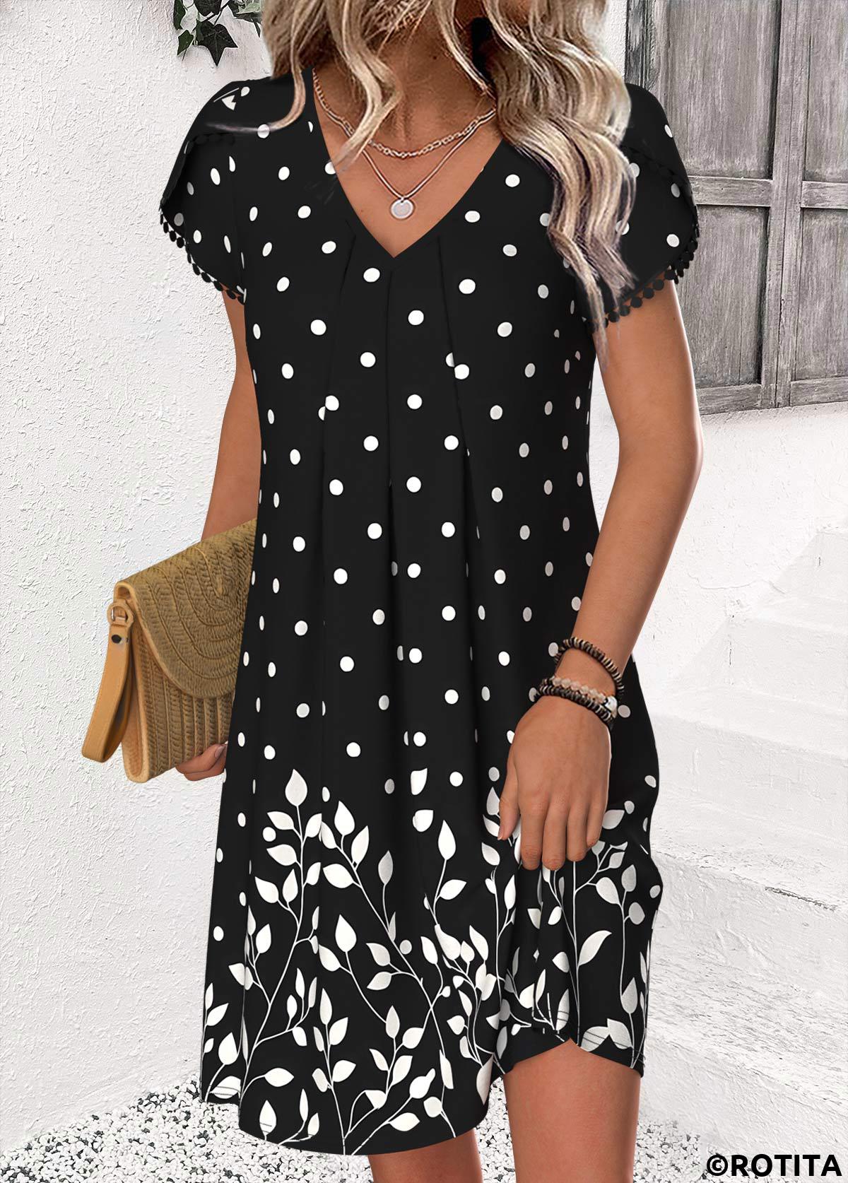 Black dresses,Dot dresses,Everyday dresses,Casual dresses,ROTITA Polka Dot Black Short V Neck Dress