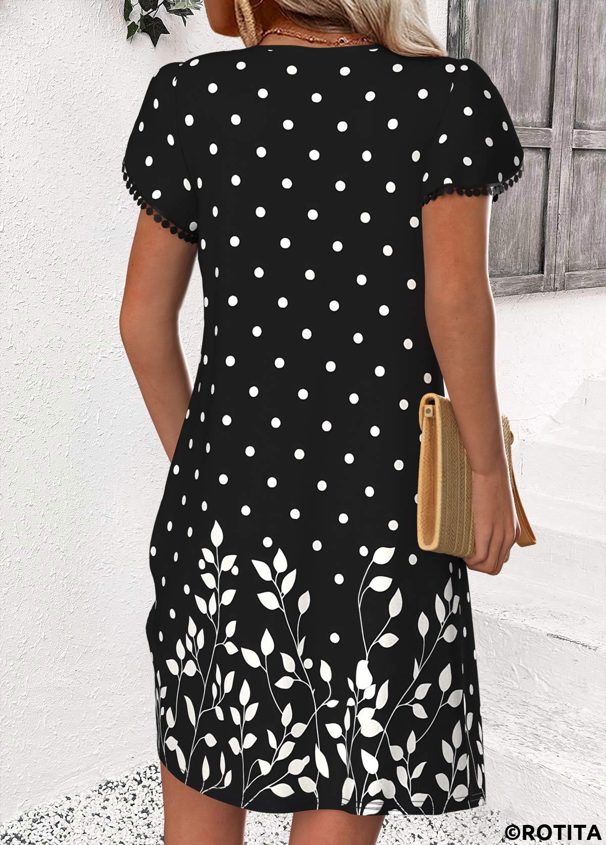 Black dresses,Dot dresses,Everyday dresses,Casual dresses,ROTITA Polka Dot Black Short V Neck Dress