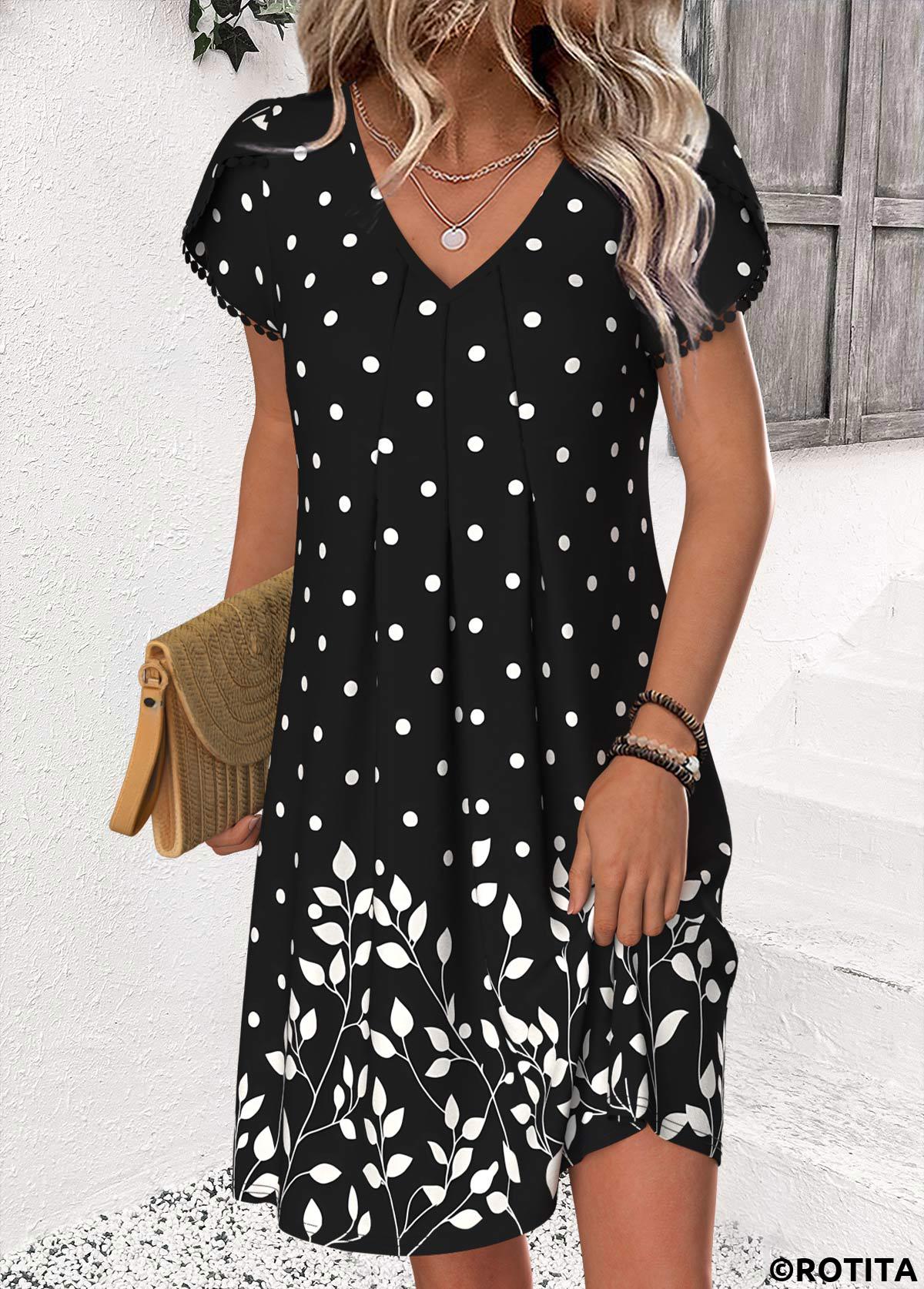 Black dresses,Dot dresses,Everyday dresses,Casual dresses,ROTITA Polka Dot Black Short V Neck Dress