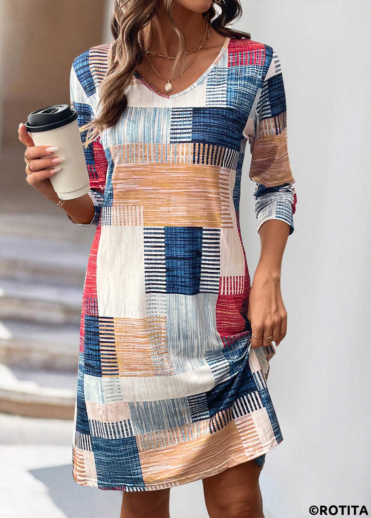 Multi Color dresses,Geometric dresses,Everyday dresses,Casual dresses,ROTITA Geometric Print Multi Color A Line V Neck Dress