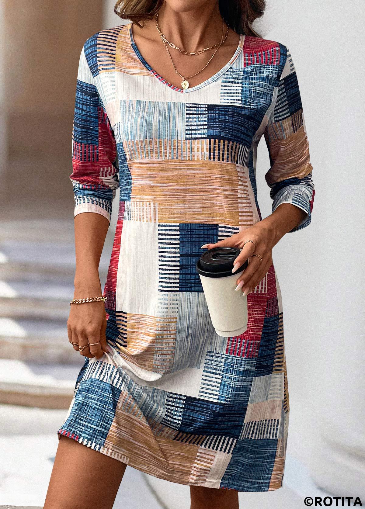 Multi Color dresses,Geometric dresses,Everyday dresses,Casual dresses,ROTITA Geometric Print Multi Color A Line V Neck Dress