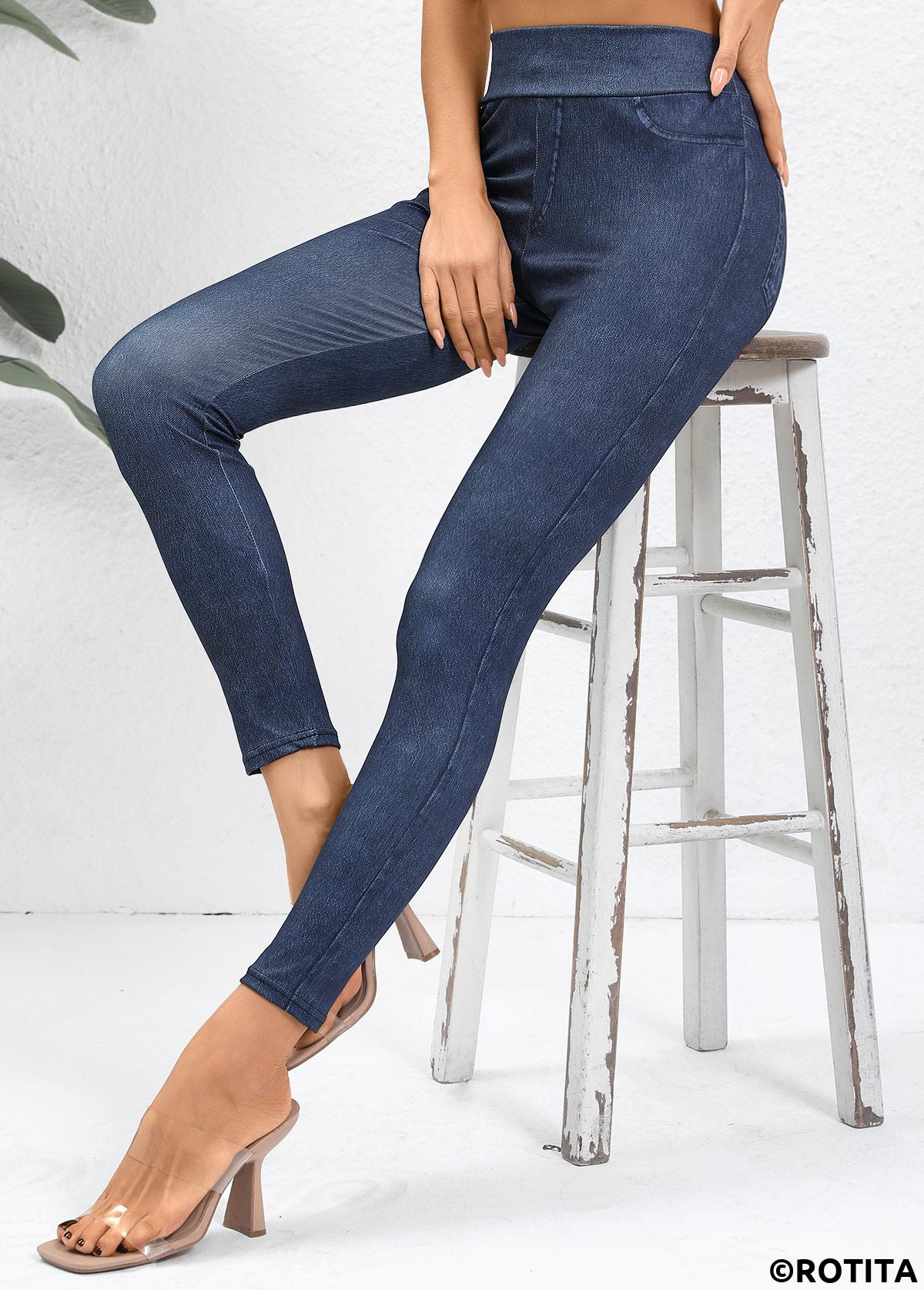 Denim Blue bottoms,Plain Color bottoms,Denim Blue High Waisted Elastic Waist Ankle Length Leggings