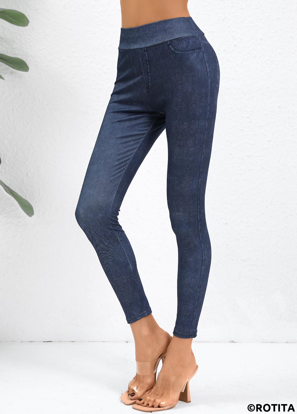 Denim Blue bottoms,Plain Color bottoms,Denim Blue High Waisted Elastic Waist Ankle Length Leggings