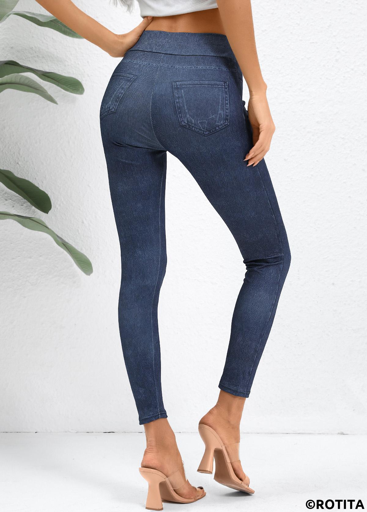 Denim Blue bottoms,Plain Color bottoms,Denim Blue High Waisted Elastic Waist Ankle Length Leggings