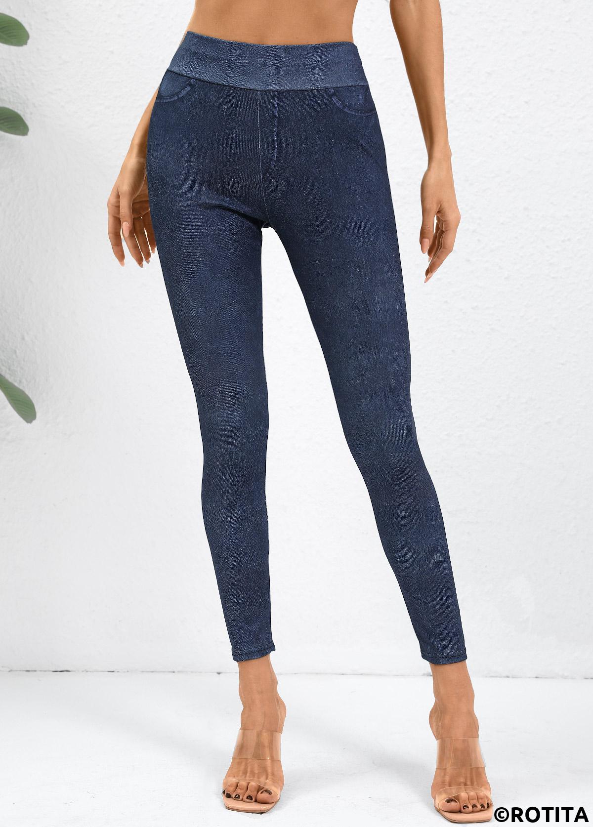 Denim Blue bottoms,Plain Color bottoms,Denim Blue High Waisted Elastic Waist Ankle Length Leggings