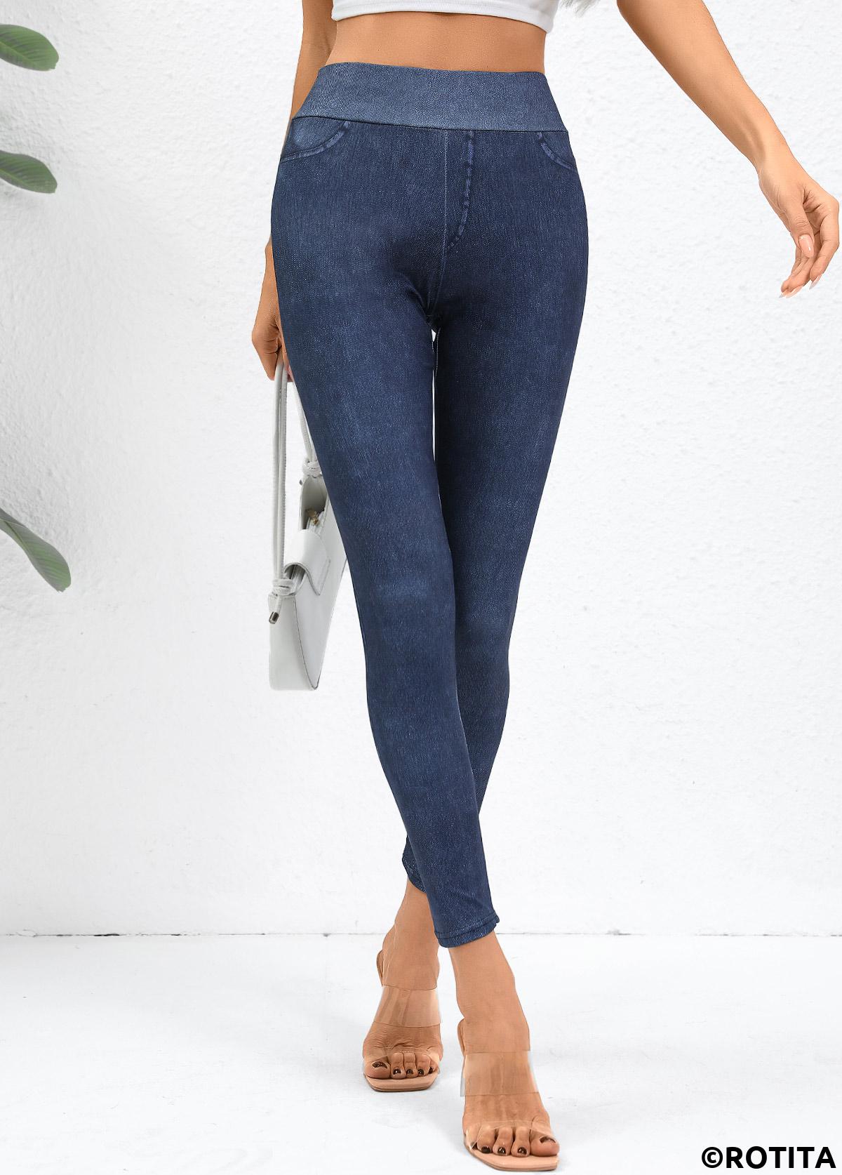 Denim Blue bottoms,Plain Color bottoms,Denim Blue High Waisted Elastic Waist Ankle Length Leggings