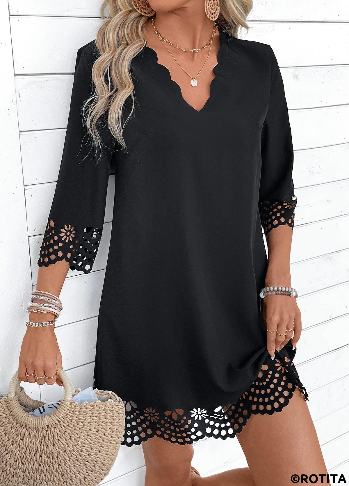 Black dresses,Plain Color dresses,Everyday dresses,Casual dresses,ROTITA Black A Line V Neck 3/4 Sleeve Dress
