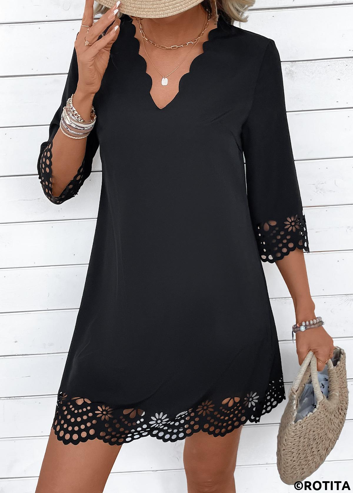 Black dresses,Plain Color dresses,Everyday dresses,Casual dresses,ROTITA Black A Line V Neck 3/4 Sleeve Dress