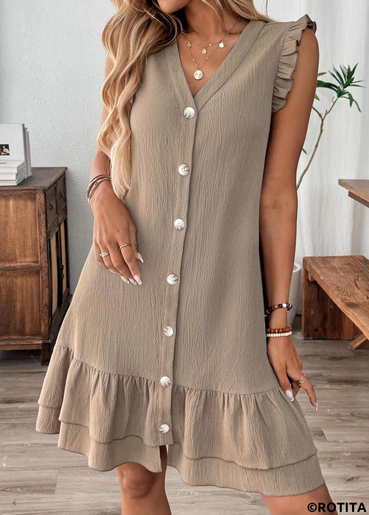 Gray Brown dresses,Plain Color dresses,Everyday dresses,Casual dresses,ROTITA Gray Brown V Neck Short Sleeve Dress