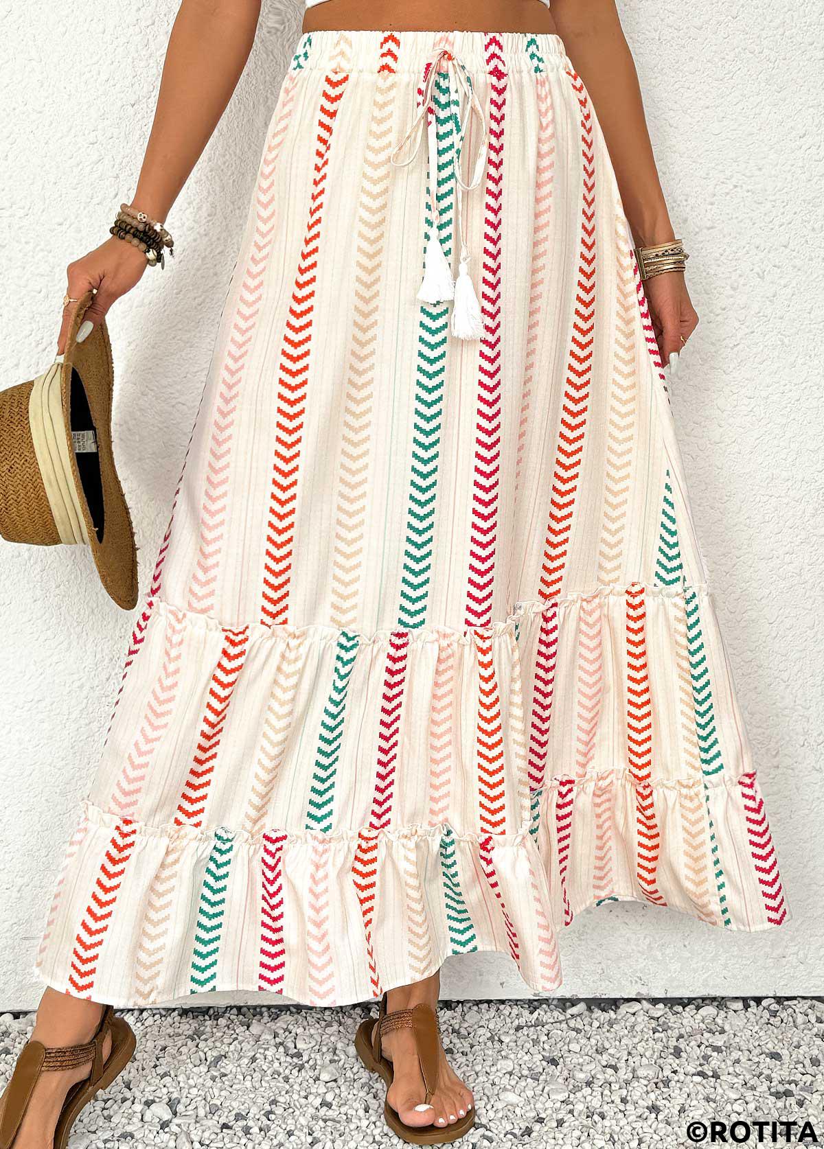 Beige bottoms,Geometric bottoms,Geometric Print Beige Maxi Elastic Waist A Line Skirt