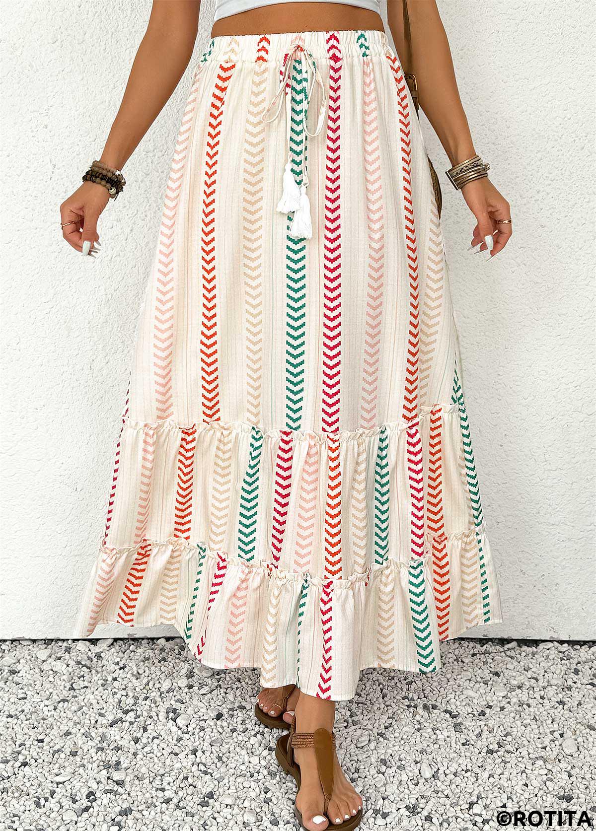 Beige bottoms,Geometric bottoms,Geometric Print Beige Maxi Elastic Waist A Line Skirt