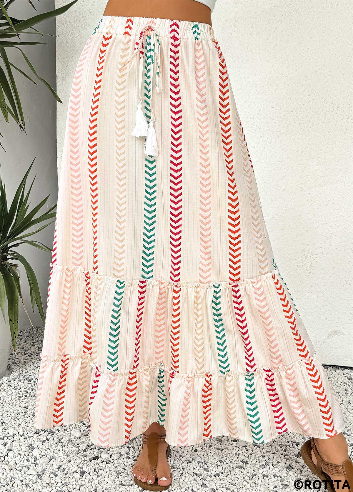 Beige bottoms,Geometric bottoms,Geometric Print Beige Maxi Elastic Waist A Line Skirt