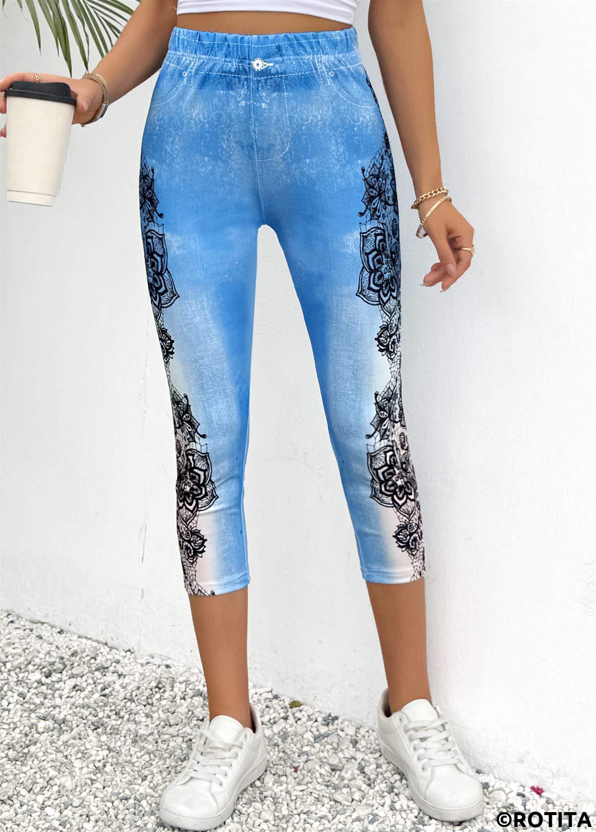 Light Blue bottoms,Floral bottoms,Plants bottoms,Floral Print Light Blue Skinny Elastic Waist Pants