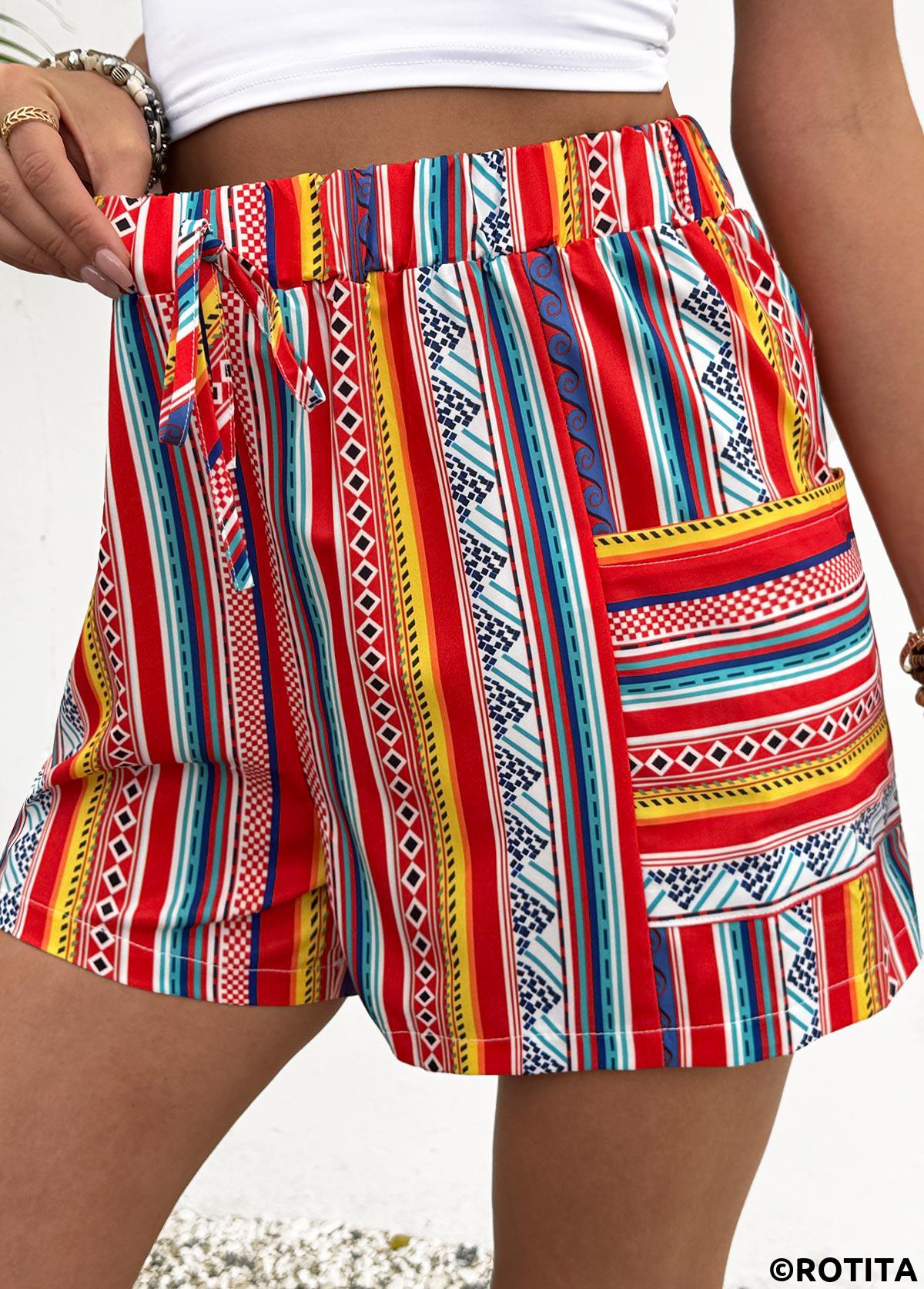 Neon Red bottoms,Tribal bottoms,Tribal Print Neon Red Straight Leg Elastic Waist Shorts