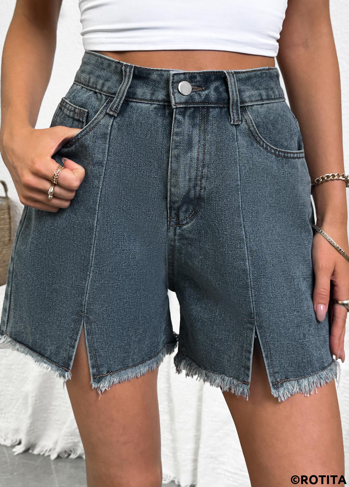 Denim Blue bottoms,Plain Color bottoms,Denim Blue Button Fly High Waisted Shorts