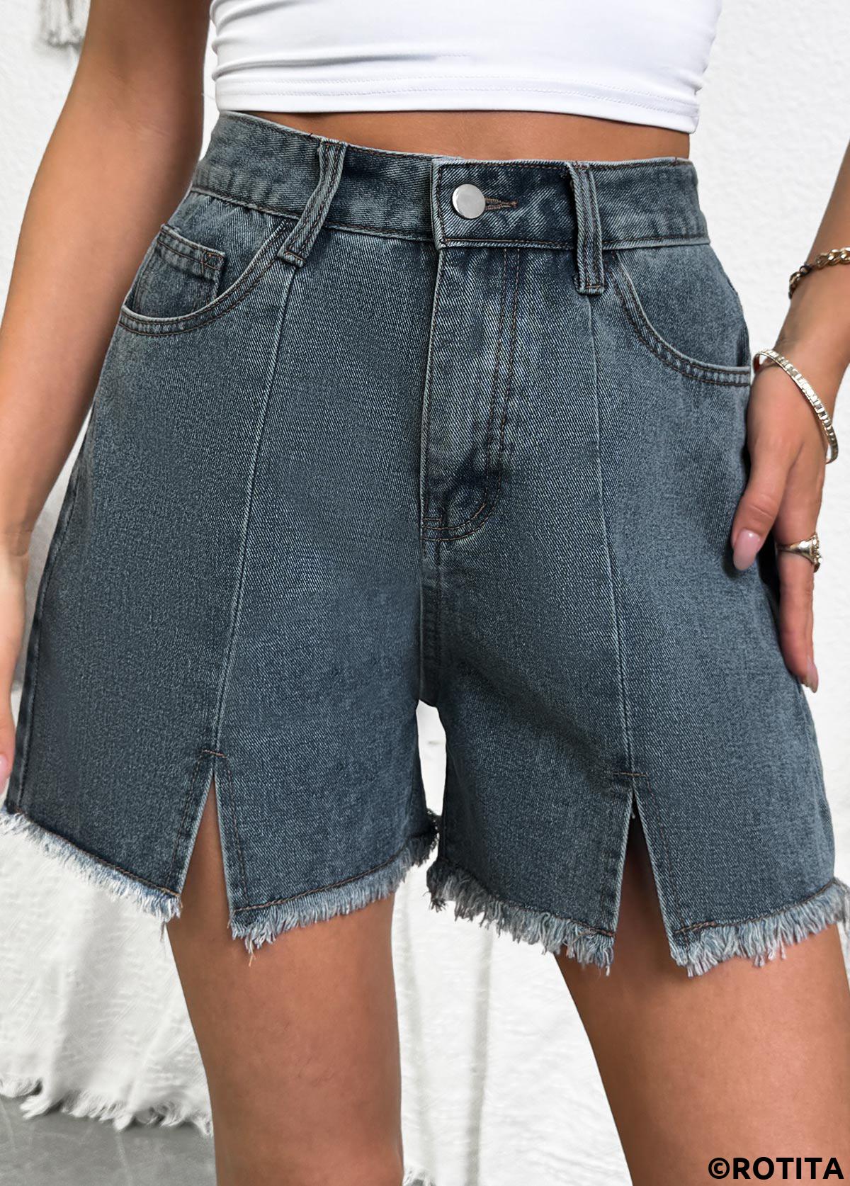 Denim Blue bottoms,Plain Color bottoms,Denim Blue Button Fly High Waisted Shorts