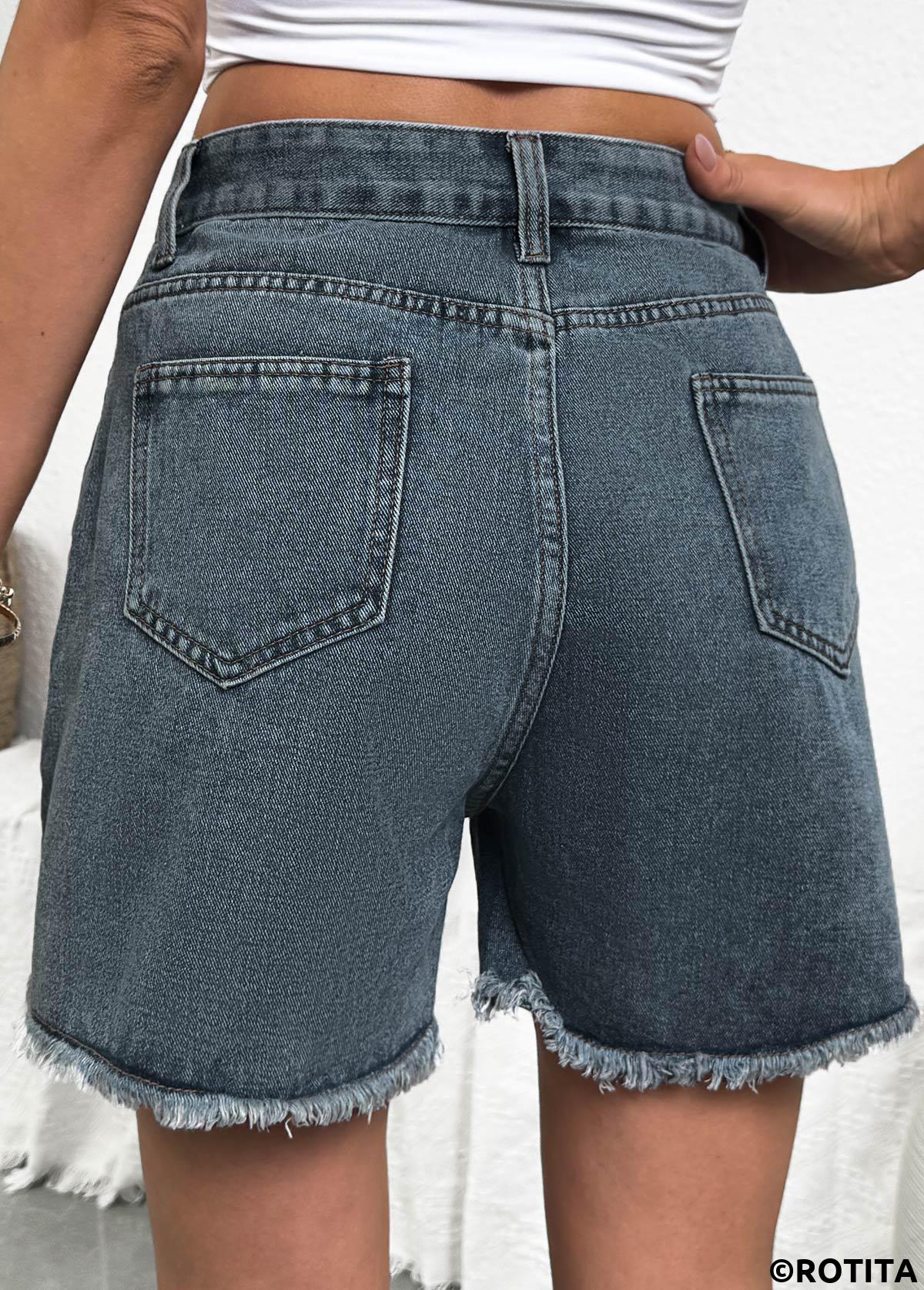 Denim Blue bottoms,Plain Color bottoms,Denim Blue Button Fly High Waisted Shorts