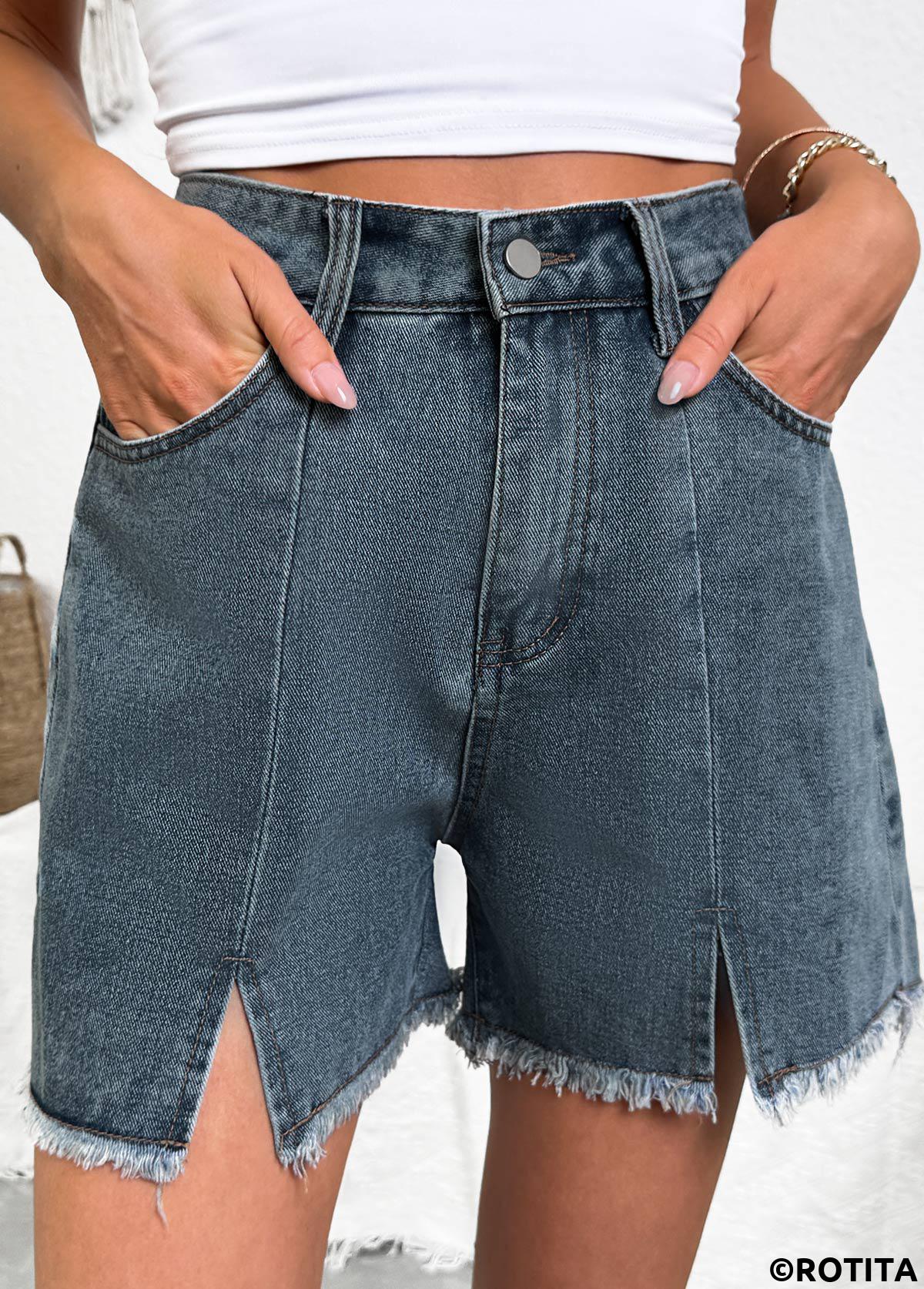 Denim Blue bottoms,Plain Color bottoms,Denim Blue Button Fly High Waisted Shorts