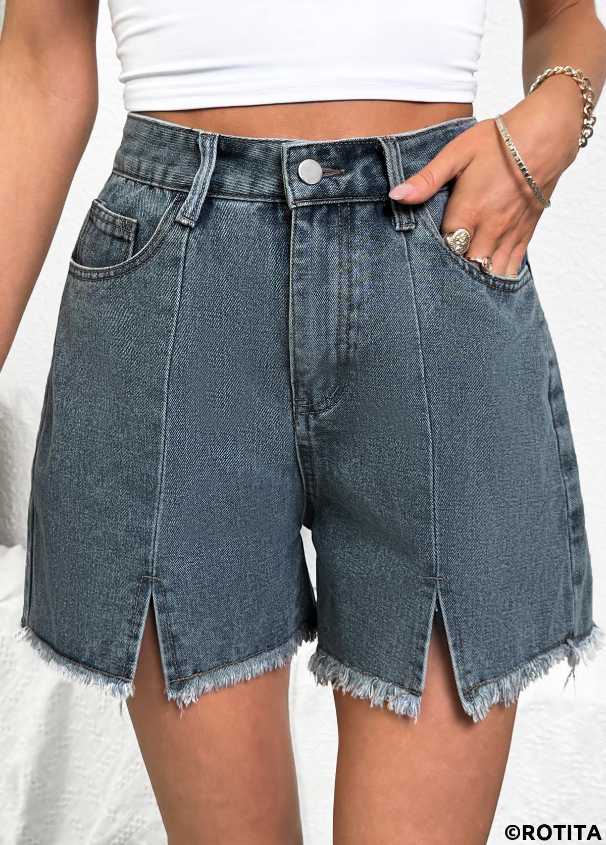Denim Blue bottoms,Plain Color bottoms,Denim Blue Button Fly High Waisted Shorts