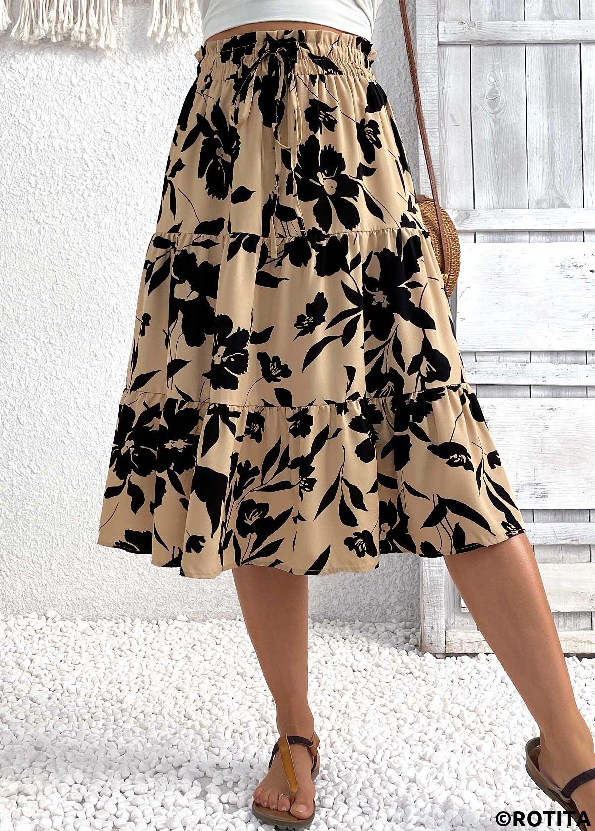 Light Camel bottoms,Floral bottoms,Plants bottoms,Floral Print Light Camel Elastic Waist A Line Skirt