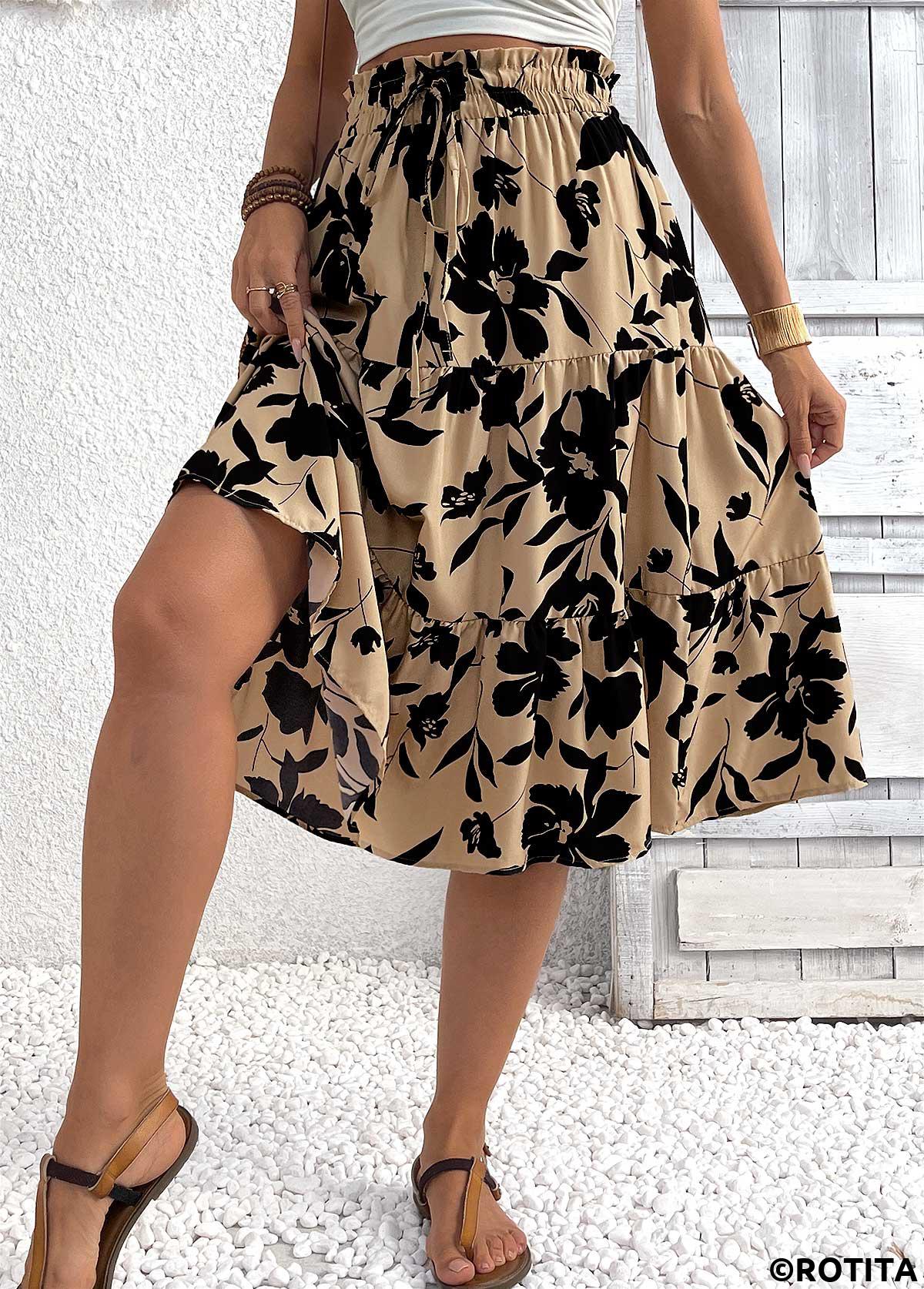 Light Camel bottoms,Floral bottoms,Plants bottoms,Floral Print Light Camel Elastic Waist A Line Skirt