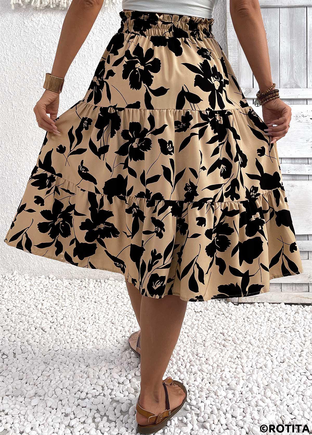 Light Camel bottoms,Floral bottoms,Plants bottoms,Floral Print Light Camel Elastic Waist A Line Skirt